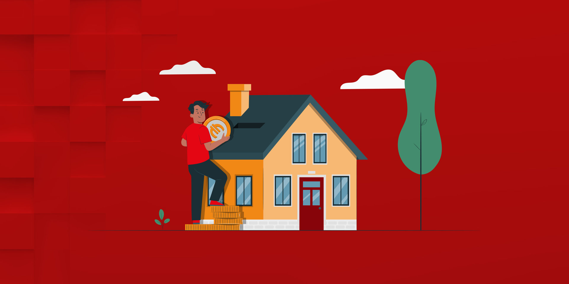 Illustration Mann wirft Münzen in ein Haus