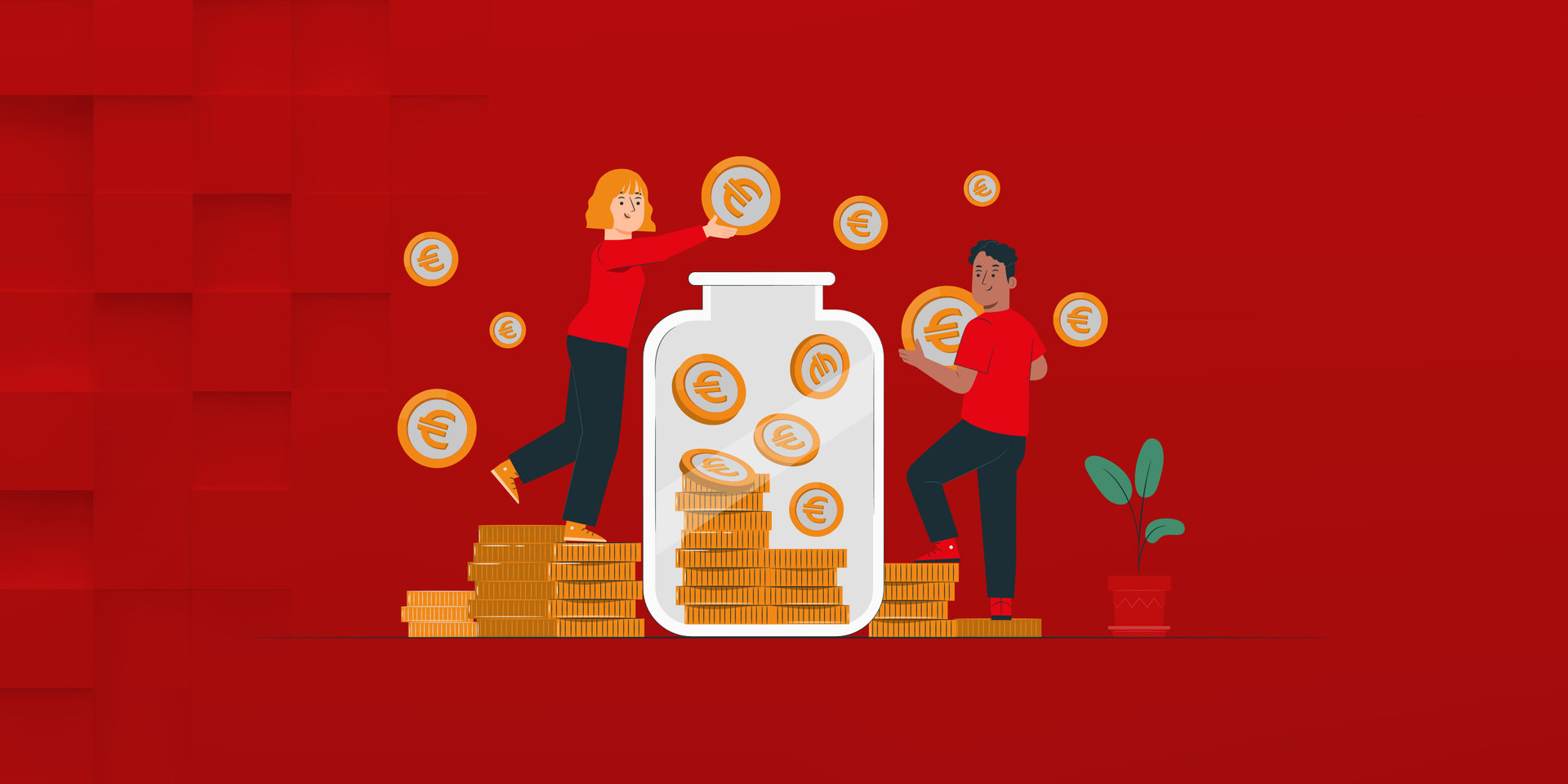 Illustration Personen werfen Münzen in ein Glas