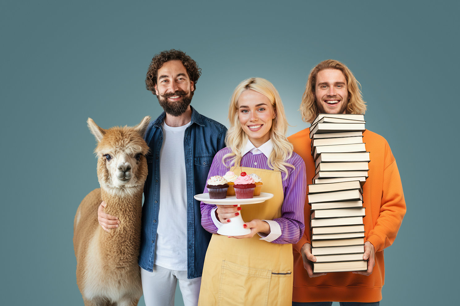 Drei Personen machen sich dank Wüstenrot zukunftsfit. Ein Mann mit einem Alpaka. Eine Frau mit Cupcakes. Und ein Mann mit einem Stapel bücher.