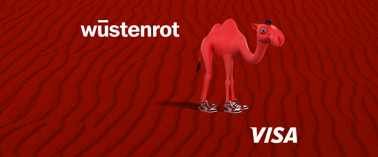 Wüstenrot - Girokonto - Classic Kreditkarte von Visa mit goldenen Wüstenhintergrund und dem Kamel Sten abgebildet - Querformat
