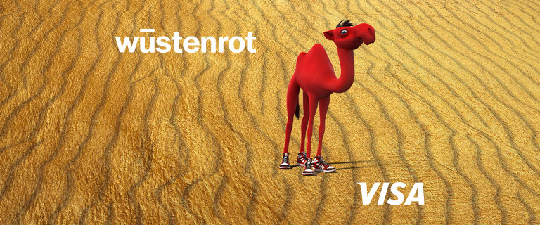 Wüstenrot - Girokonto - Gold Kreditkarte von Visa mit goldenen Wüstenhintergrund und dem Kamel Sten abgebildet - Querformat