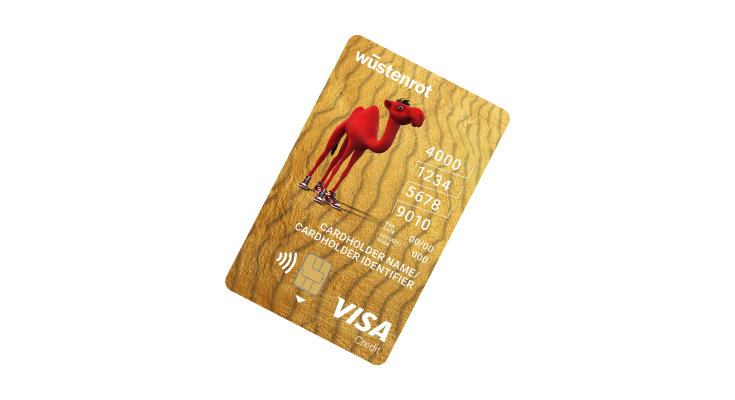 Auf der goldene Wüstenrot Girokonto Karte ist neben den Kartendetails und dem VISA Logo auch das rote Wüstenrot-Kamel, Sten, zu sehen.