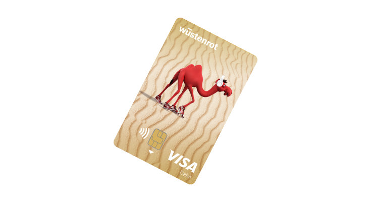 Auf der beigen Wüstenrot Jugendkonto Karte ist neben den Kartendetails und dem VISA Logo auch das rote Wüstenrot-Kamel, Sten, zu sehen.