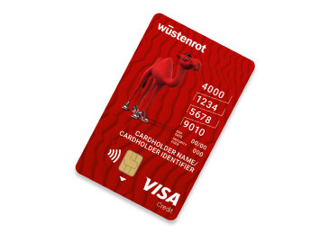 Auf der roten Wüstenrot Girokonto Karte ist neben den Kartendetails und dem VISA Logo auch das rote Wüstenrot-Kamel, Sten, zu sehen.