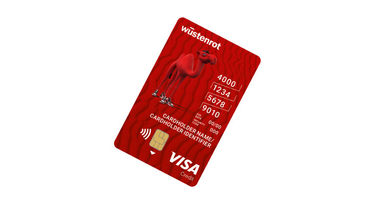 Auf der roten Wüstenrot Studentenkonto Karte ist neben den Kartendetails und dem VISA Logo auch das rote Wüstenrot-Kamel, Sten, zu sehen.