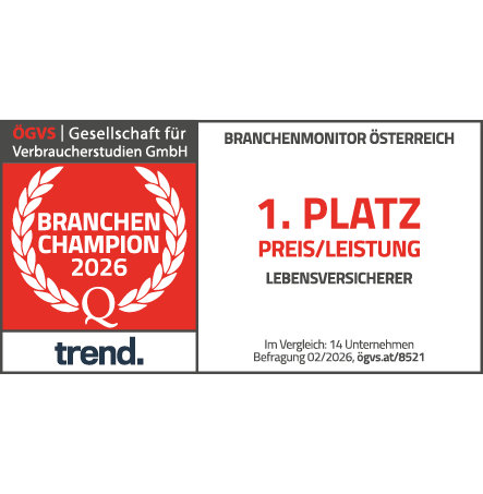 ÖGVS-Auszeichnung für Wüstenrot als Branchenchampion (1. Platz) in der Lebensversicherung , Kategorie Preis/Leistung