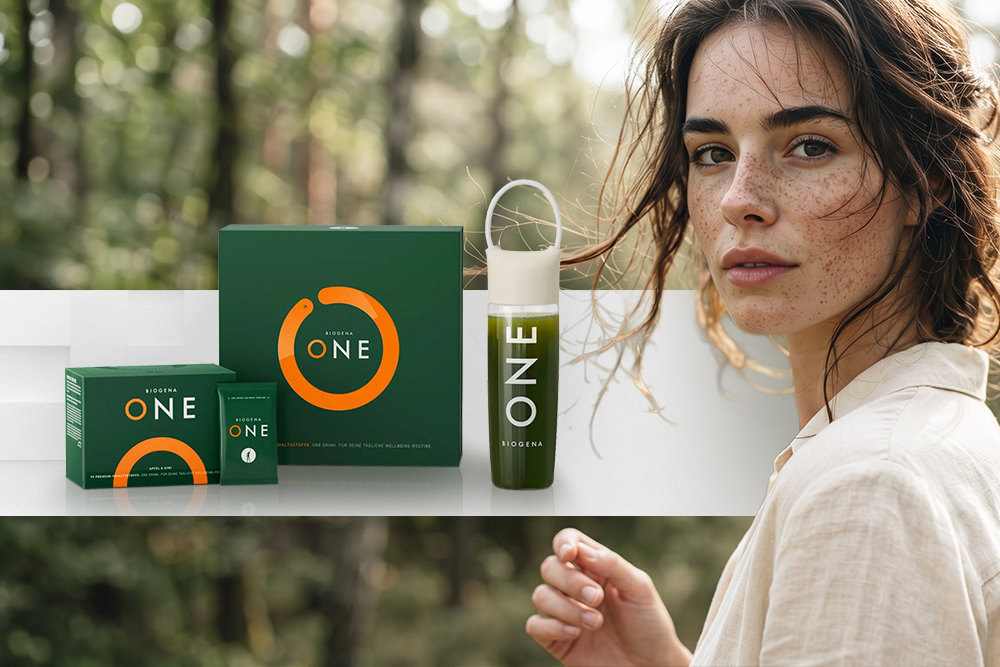 Eine Frau neben dem Starterpaket von Biogena One