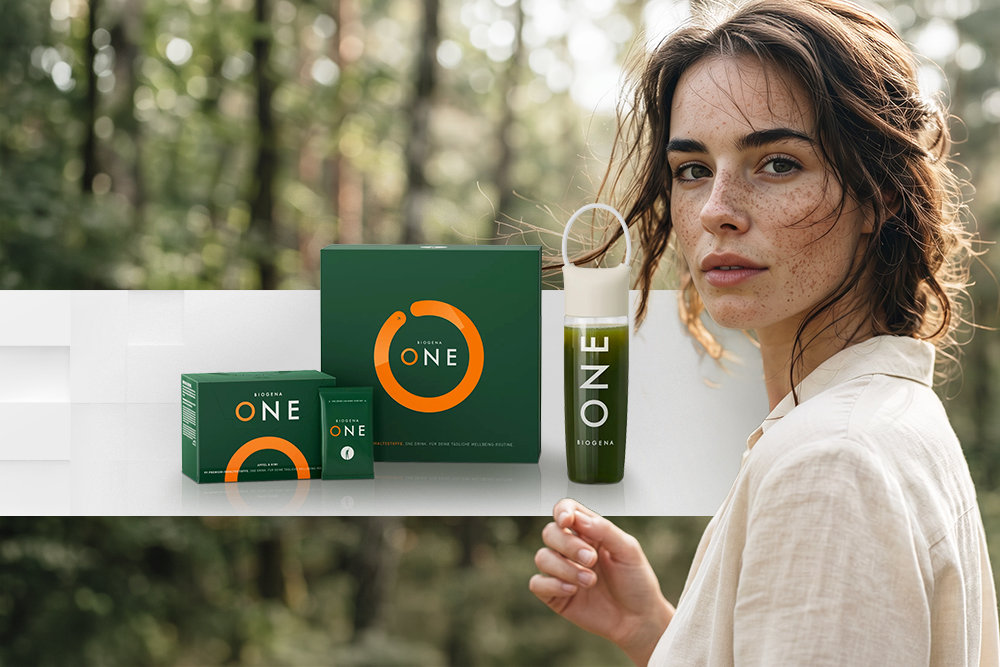 Eine Frau neben dem Starterpaket von Biogena One