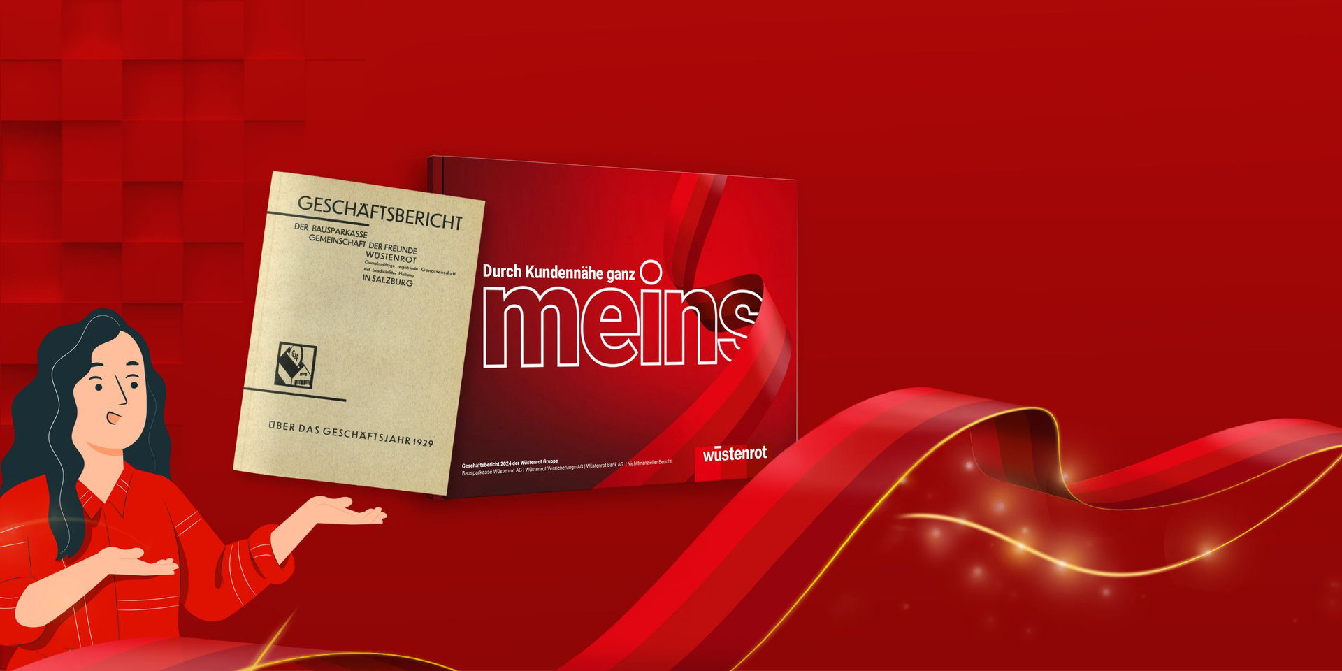 Foto des ersten Wüstenrot Geschäftsberichts und ein Bild des aktuellen Geschäftsberichts aus dem Jahr 2024