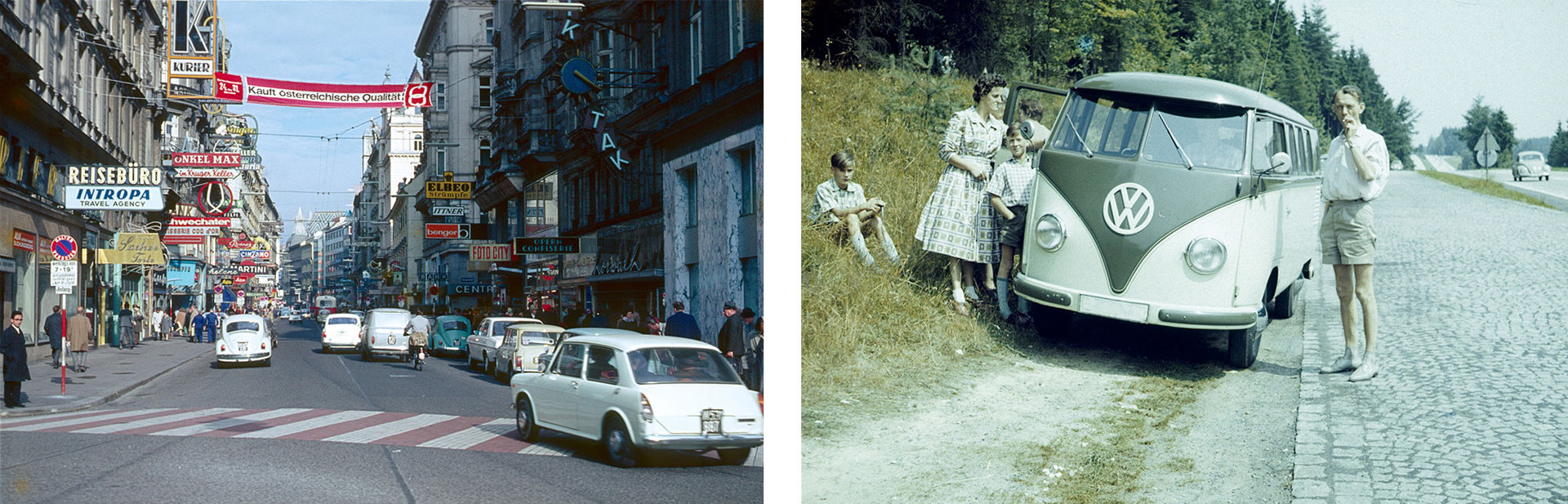 Fotos um 1960: Straßenverkehr in Stadt, Familie an Autiobahnraststätte
