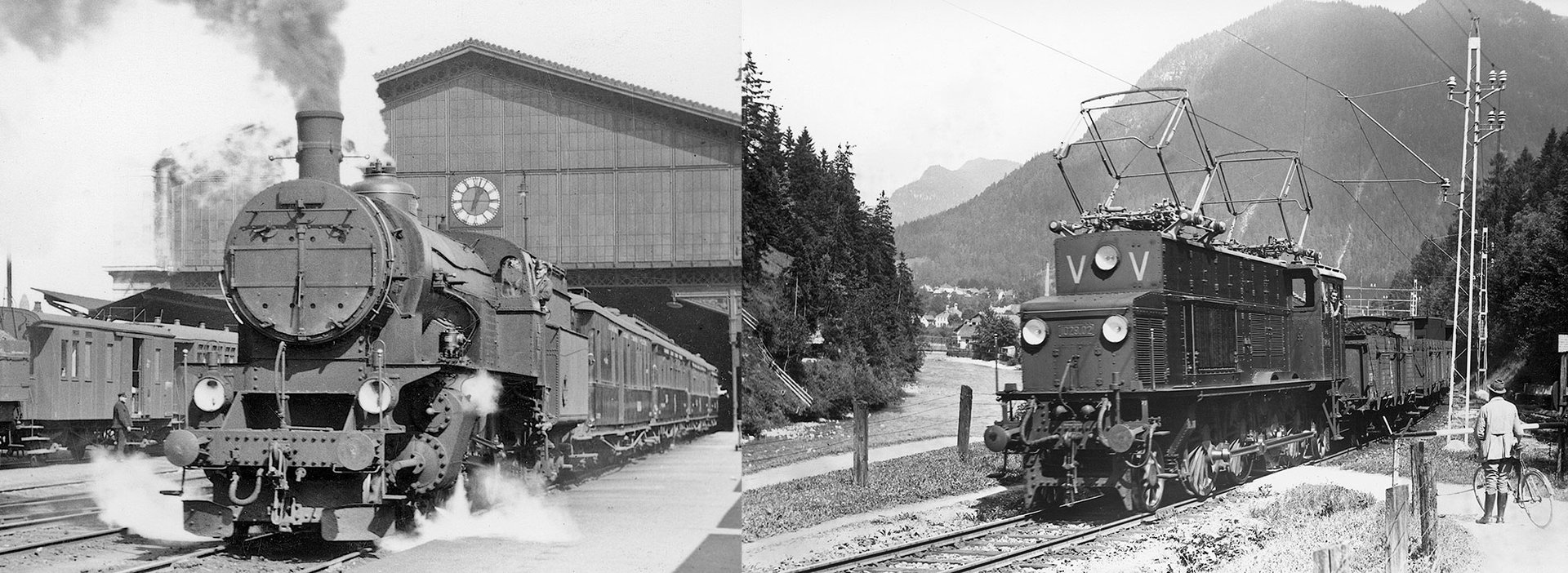 Schwarzweißfoto von Dampf- und Elektrolok