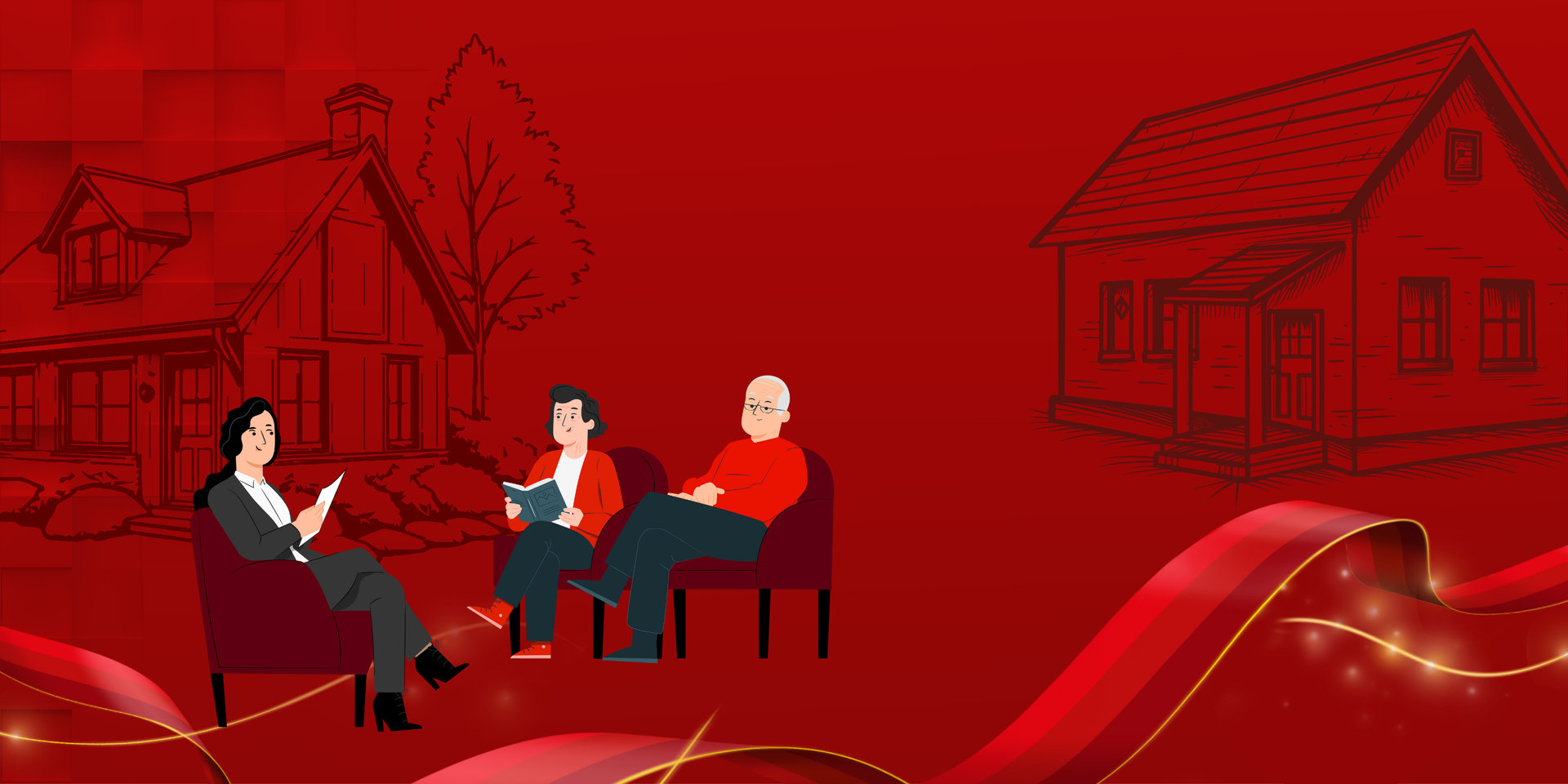 Grafik zum Interview mit Familie Komarek: Personen sprechen miteinander, dahinter ein gezeichnetes Haus