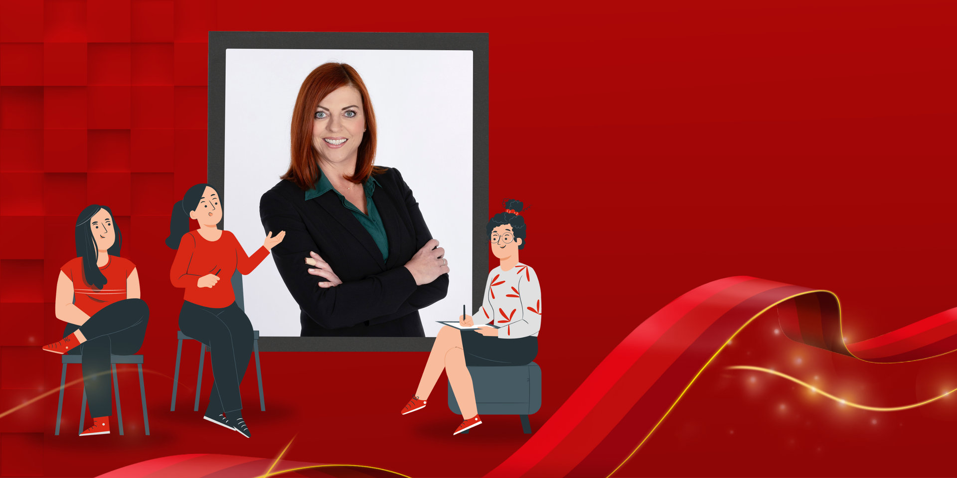 Grafik mit Porträtfoto zur Interviewserie Frauen in Führung: Leitung Maklervertrieb Renate Trummer