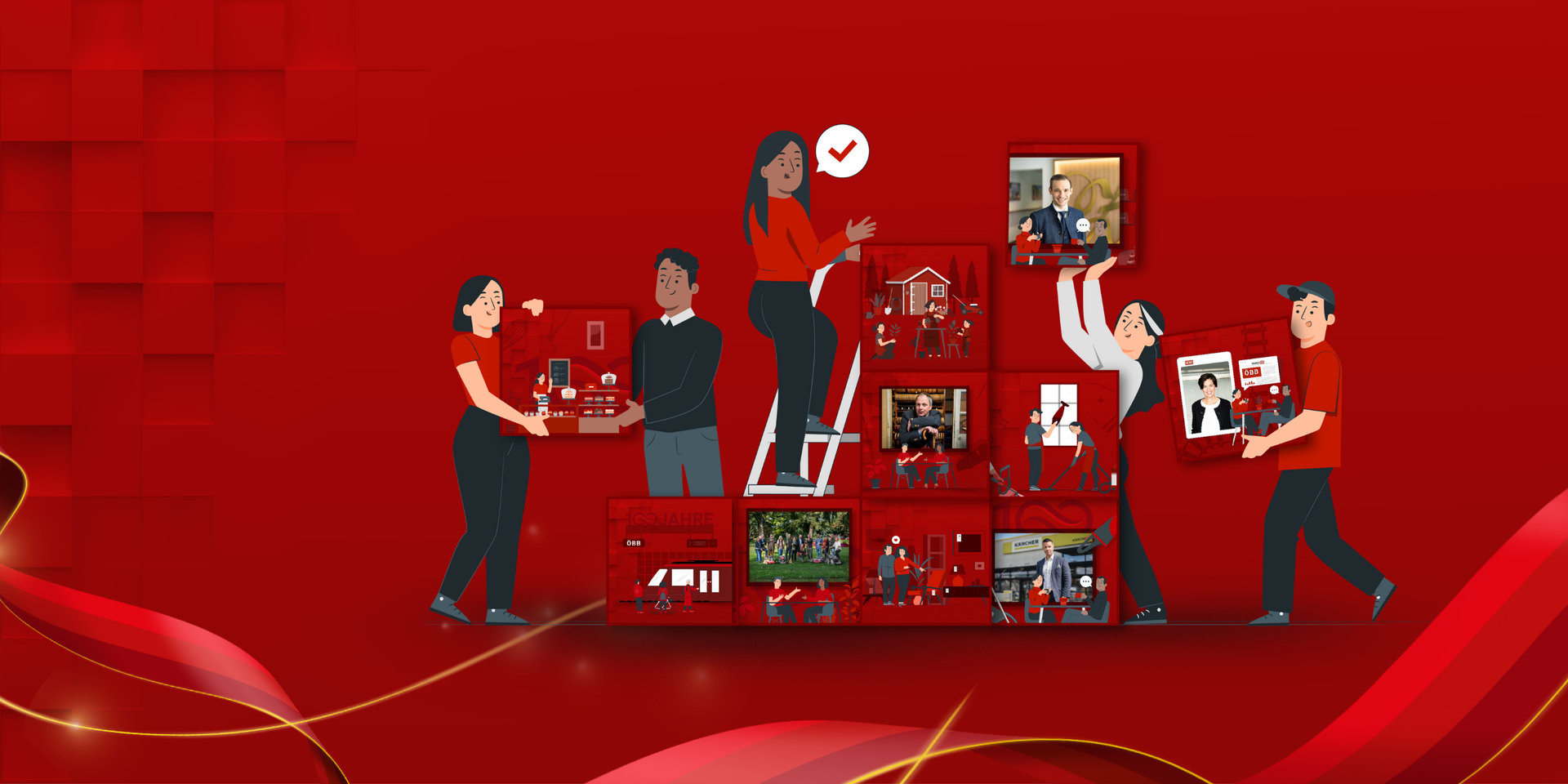 Personen stapeln Würfel mit Foto aufeinander