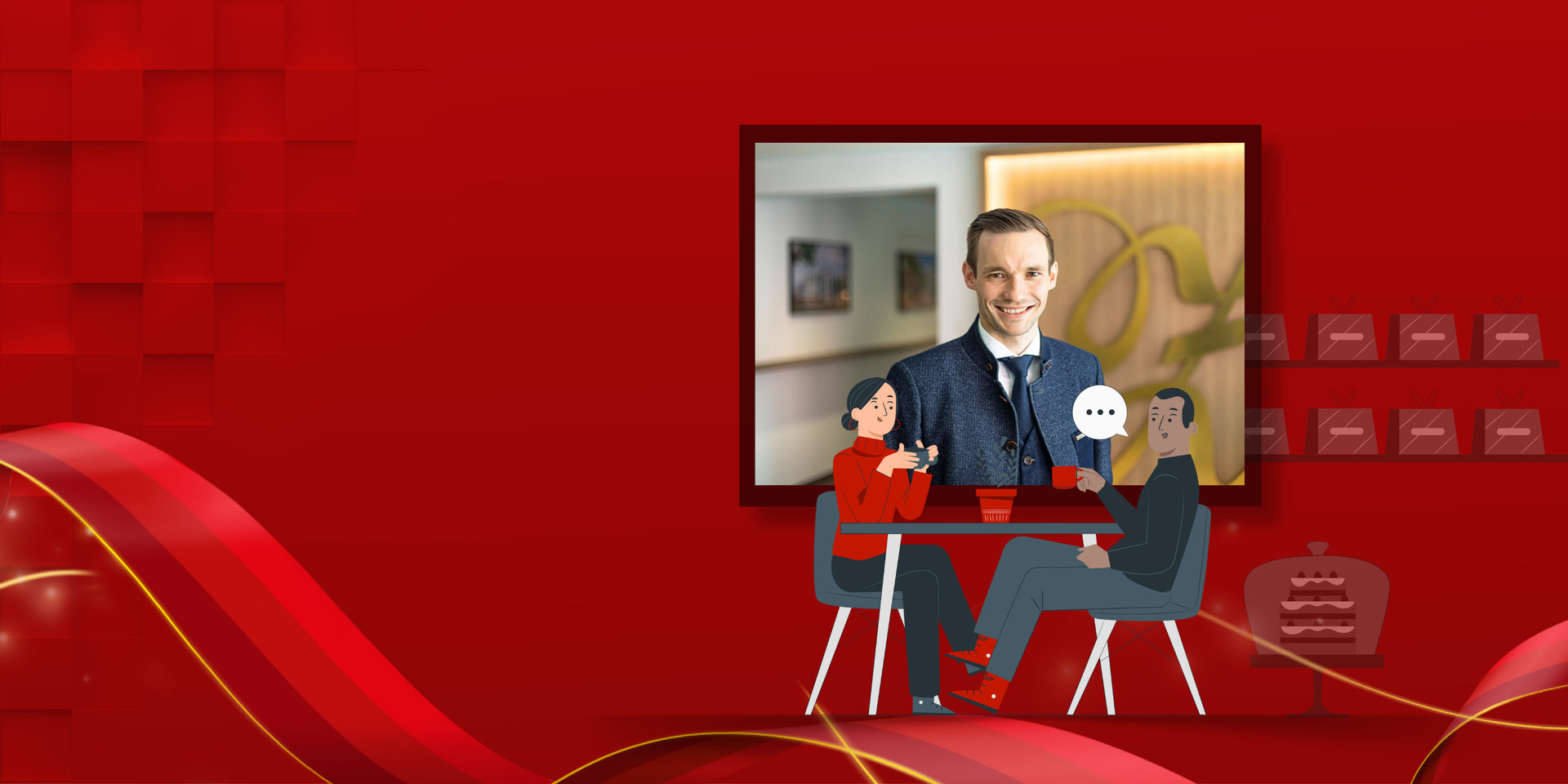 Interviewsituation mit einer Frau und einem Mann an einem Tisch. Im Hintergrund das Porträt das Interviewpartners der Konditorei Zauner: Philipp Zauner