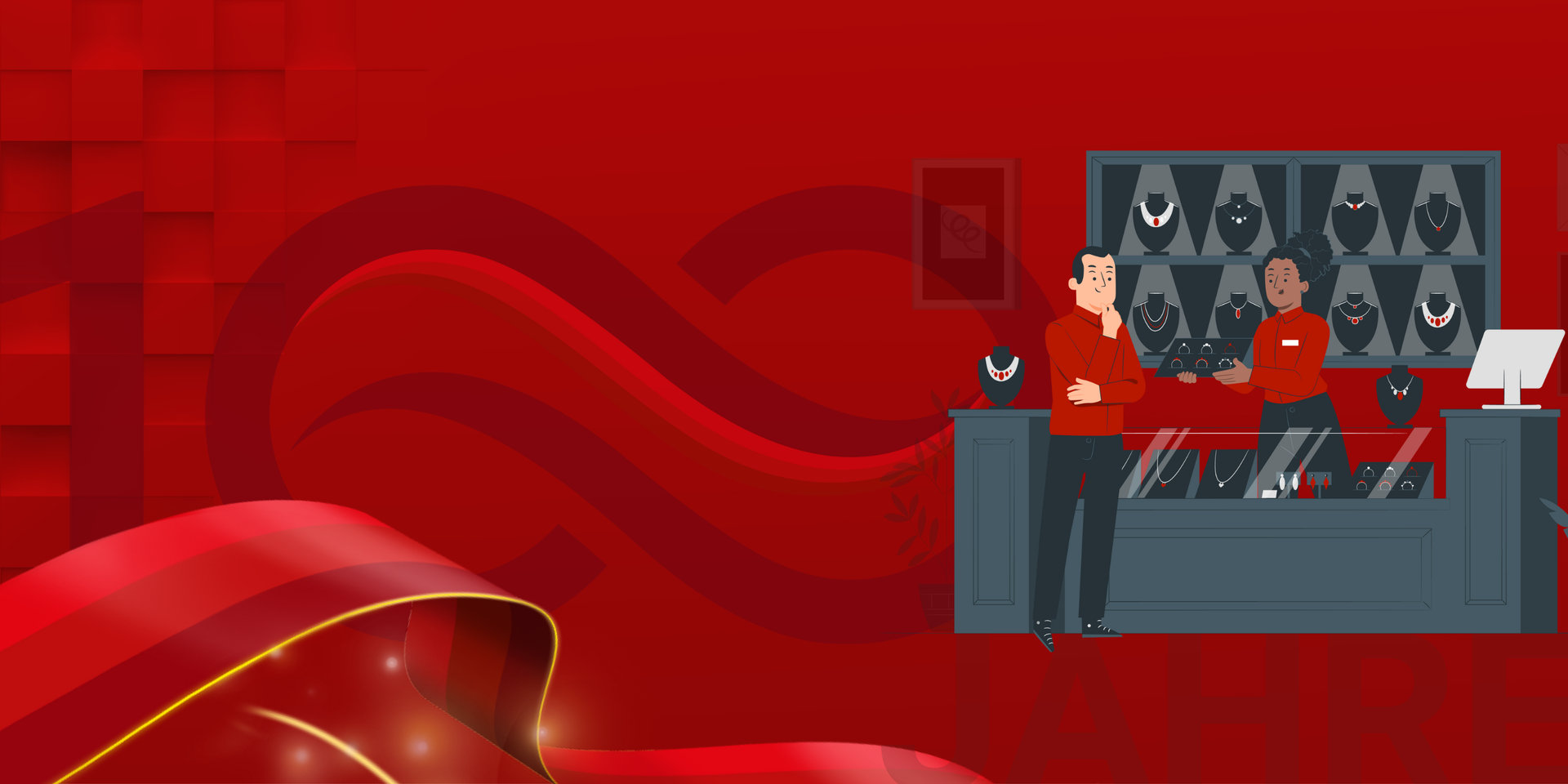 Ein Mann steht vor einer Vitrine mit Schmuck, eine Verkäuferin zeigt ihm Schmuckstücke