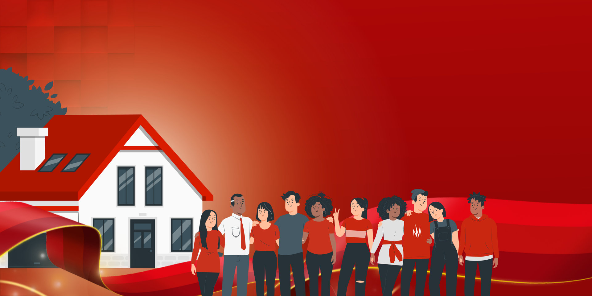 Grafik mit einem Einfamilienhaus und einer Gruppe Personen davor, die das Erfolgsmodell Bausparen repräsentieren soll