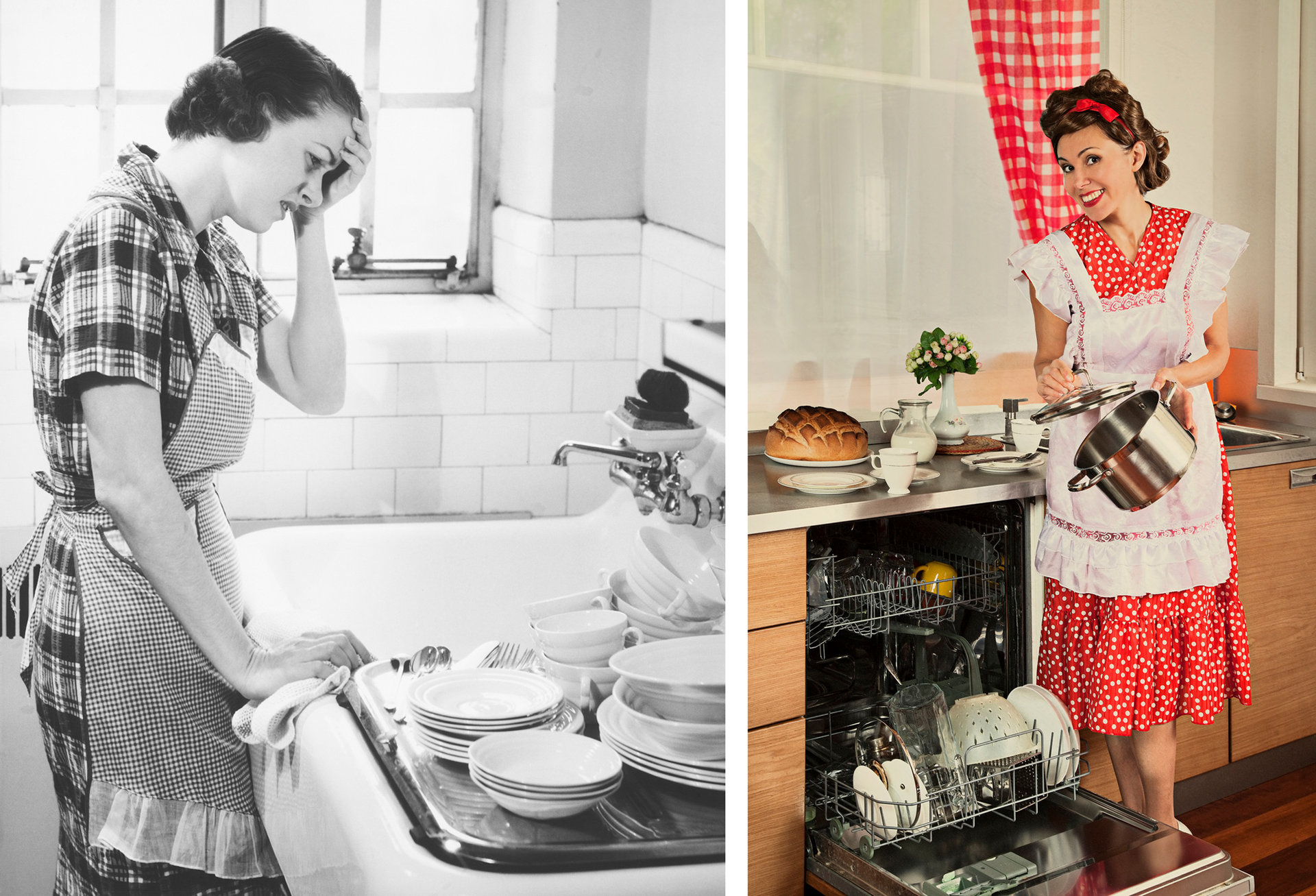 Hausfrau ohne und mit Spülmaschine 1940/1950