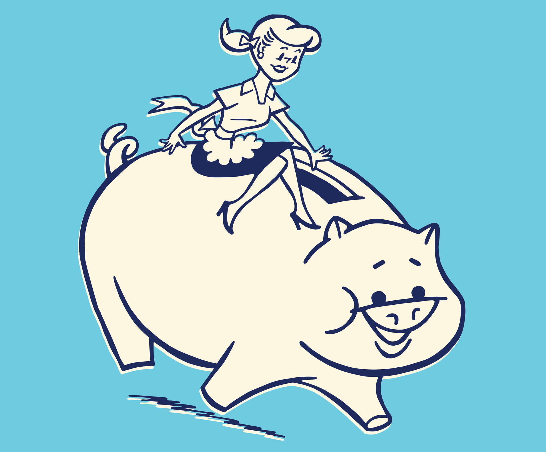 Werbung für das Sparen in den 1950er-Jahren Grafik mit Frau+, die auf einem großen Sparschwein sitzt
