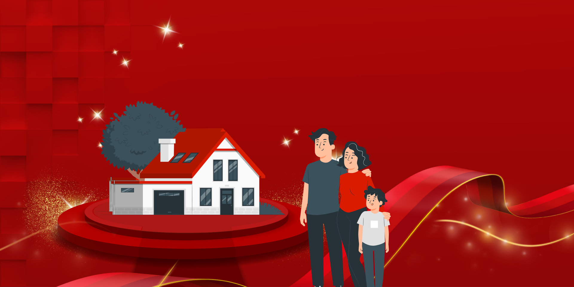 Grafik zur Gründungsgeschichte von Wüstenrot mit einer Familie und einem Einfamilienhaus