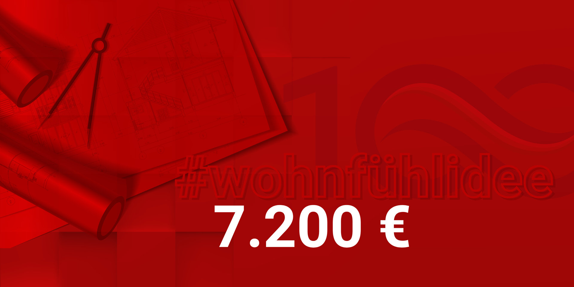 Zeichenpläne, Zirkel und Papierrollen neben einem Geldbetrag von 7.200