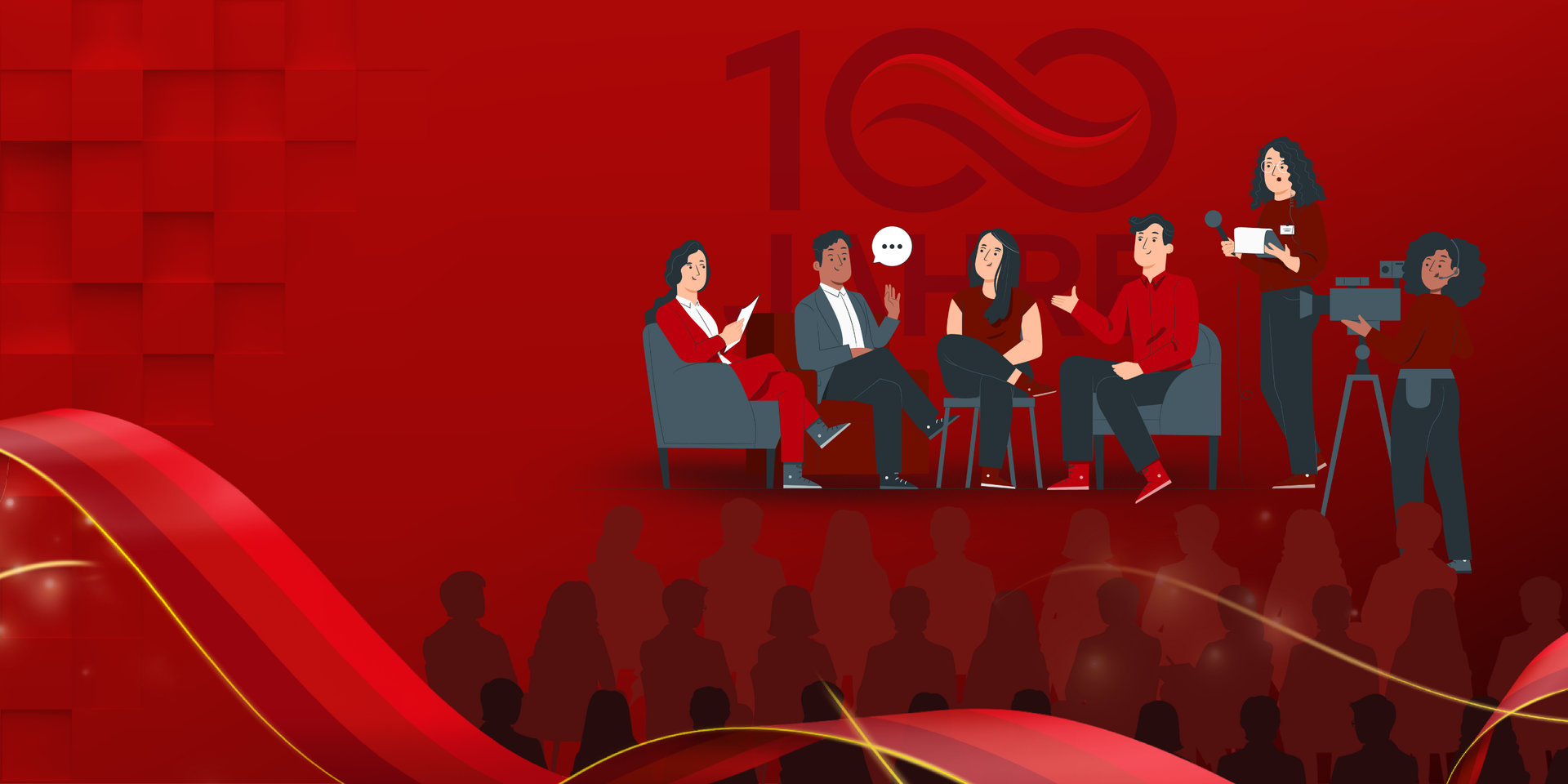 Personen diskutieren, eine Frau mit Kamera und eine Frau mit Mikrofon