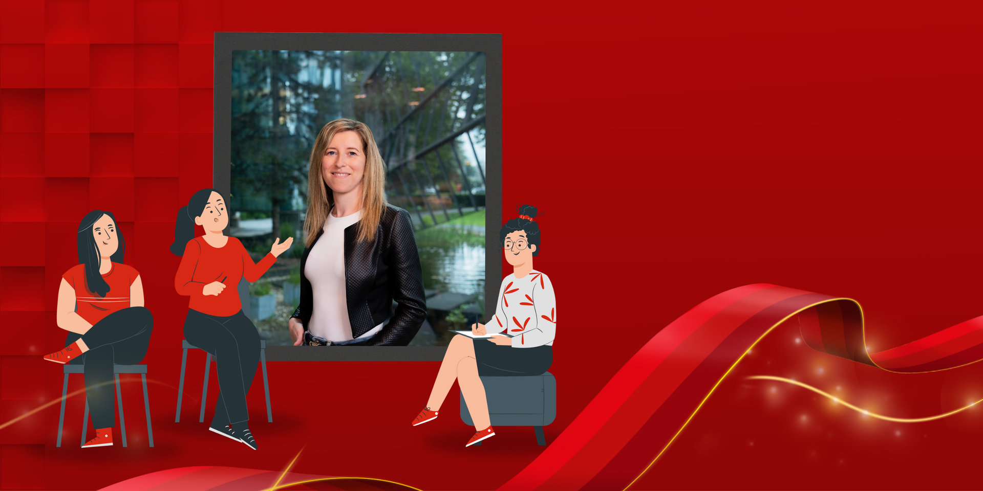 Grafik einer Interviewsituation mit einem Porträtbild von Wüstenrot Marketingleitung Julia Altendorfer 