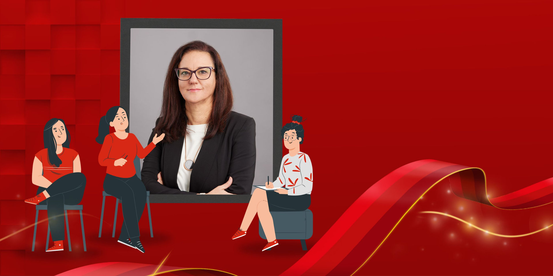 Grafik zur Interviewserie Frauen in Führung mit Porträtfoto von Darija Smiljanic (Bereichsleitung Risikomangement bei Wüstenrot)