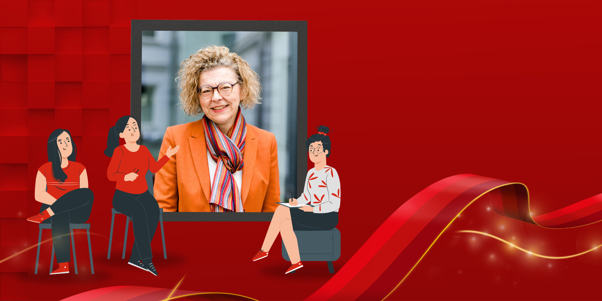 Grafik mit Porträtfoto von Simone Melchior (Leitung Rechtsabteilung bei Wüstenrot) im Rahmen der Interviewserie: Frauen in Führung