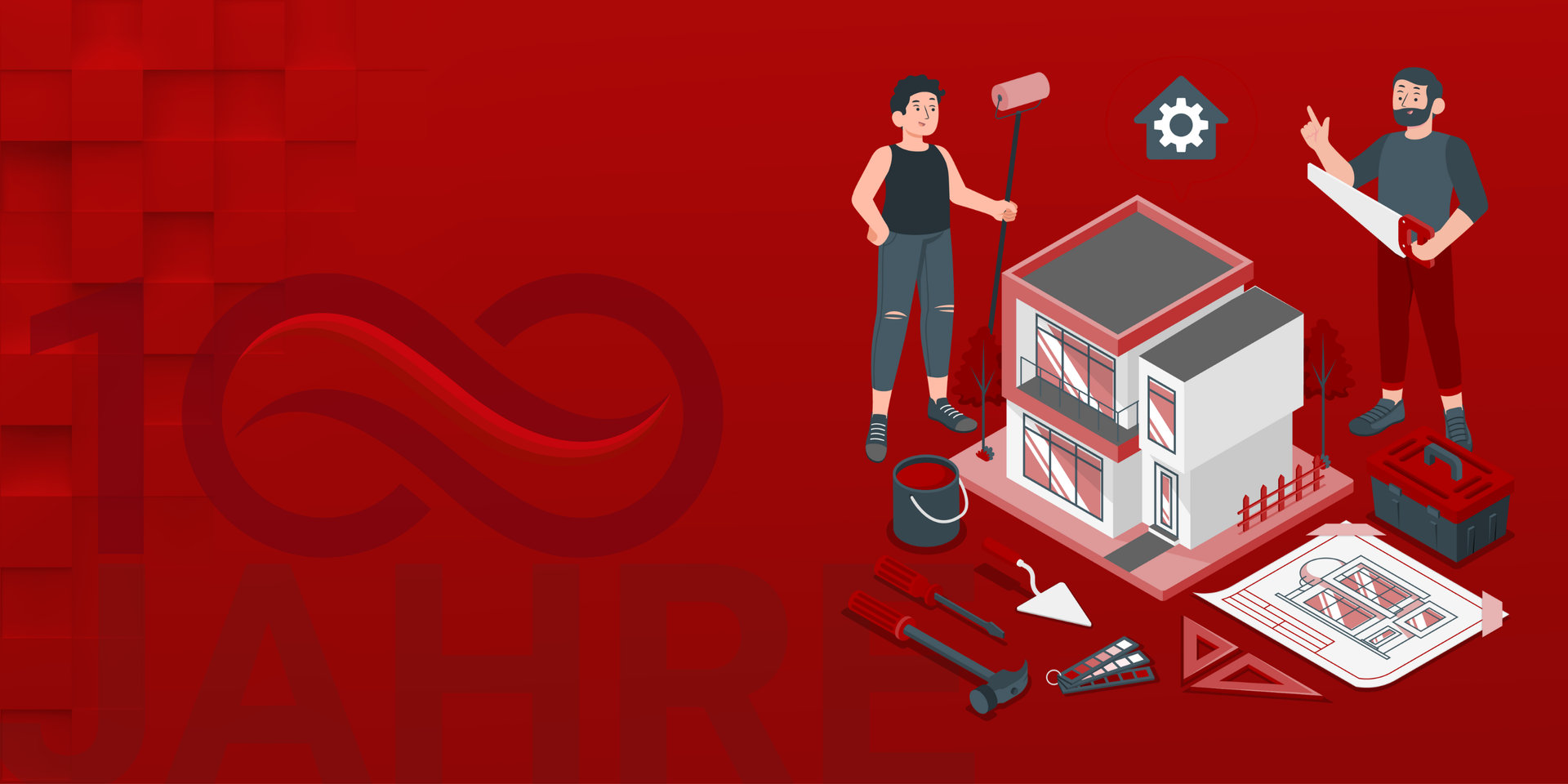 Zwei Personen stehen mit Werkzeug neben einer Fabrik, daneben weiteres Werkzeug