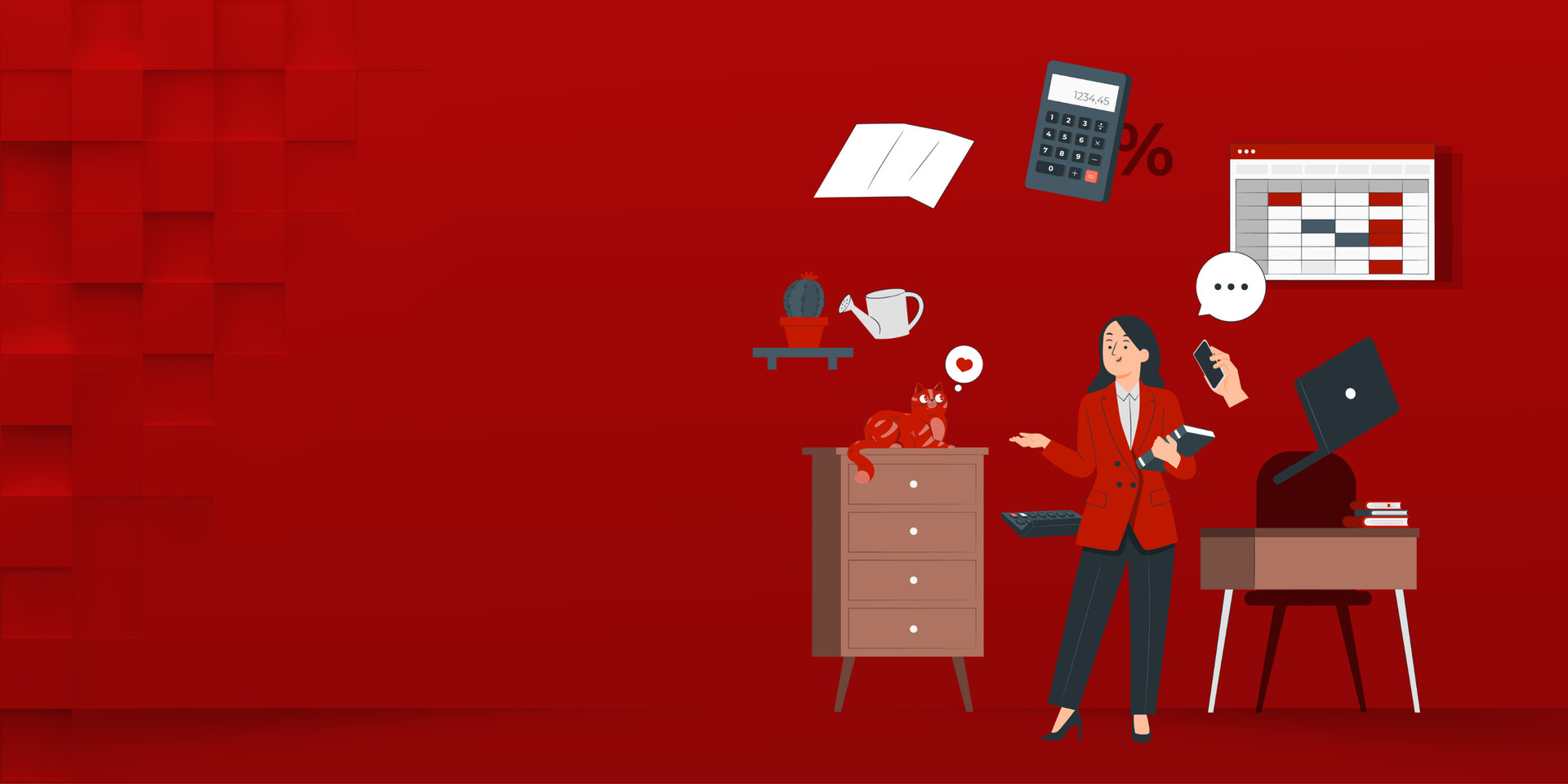 Frau in Hosenanzug umgeben von Aktenschrank, Laptop, Handy, Kalender, Papiere