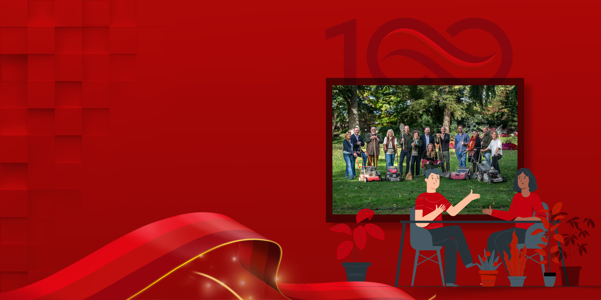 Mehrere Personen stehen im Garten und halten ein Gartengerät