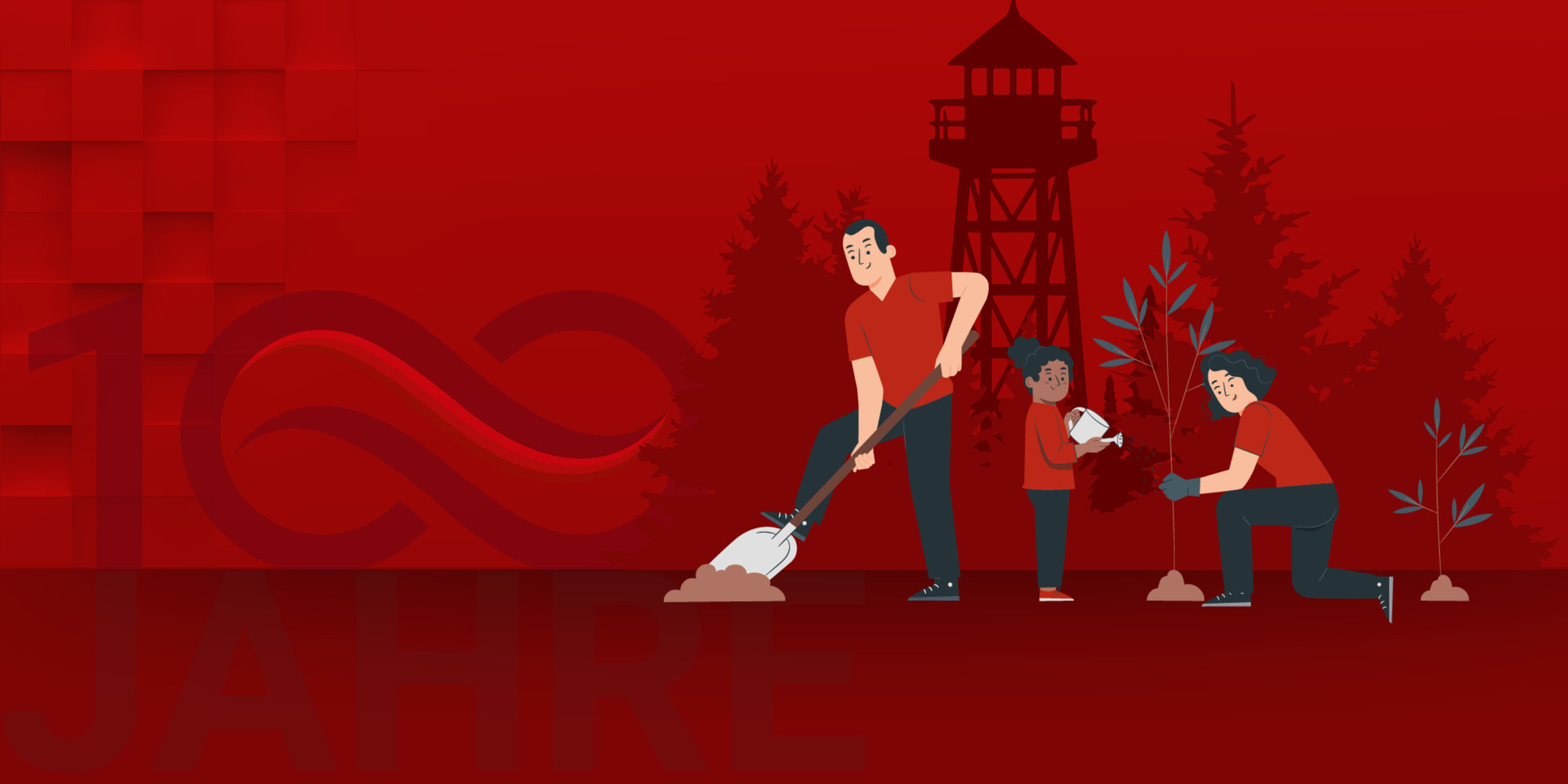 Zwei erwachsene Personen und ein Kind erledigen Waldarbeit