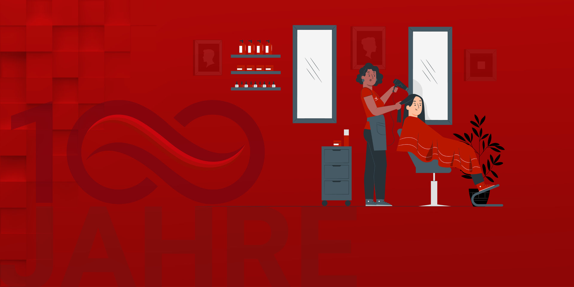 Eine Frisörin föhnt einer Dame die Haare in einem Frisörsalon