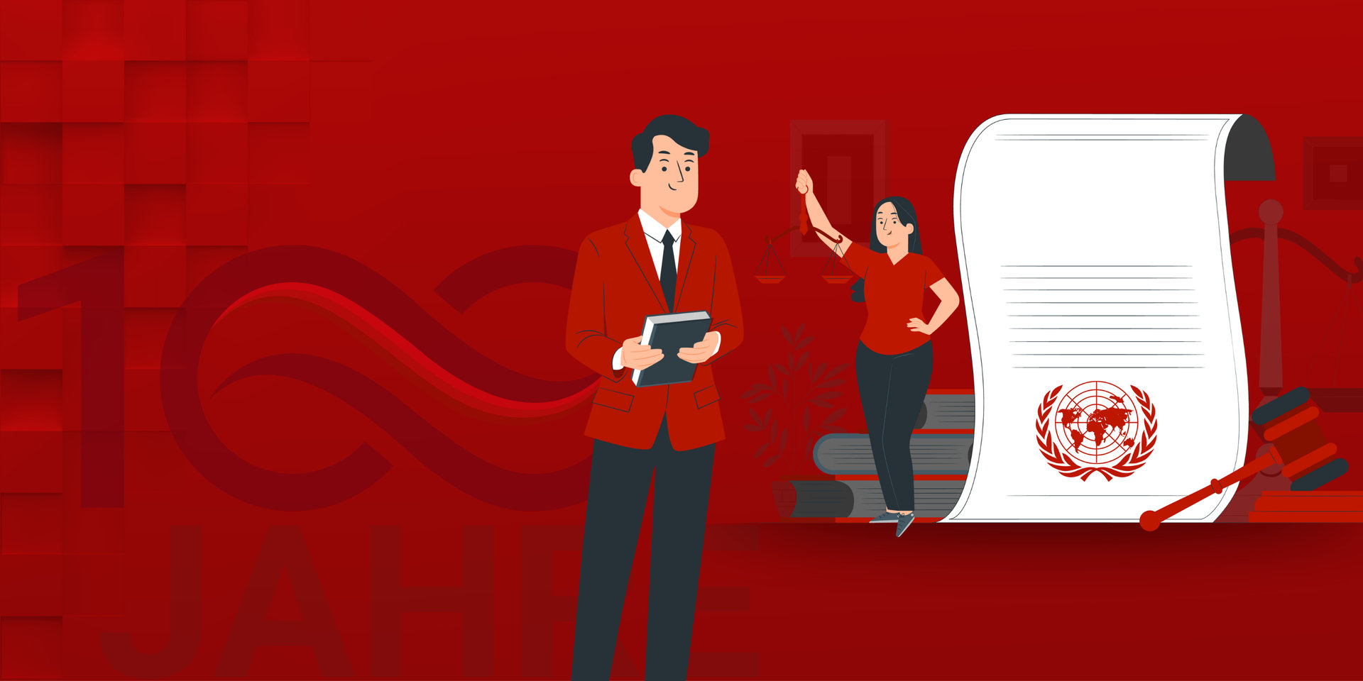 Zwei Personen, ein Mann mit Buch in der Hand und eine Frau hält eine Waage, daneben eine Schriftrolle