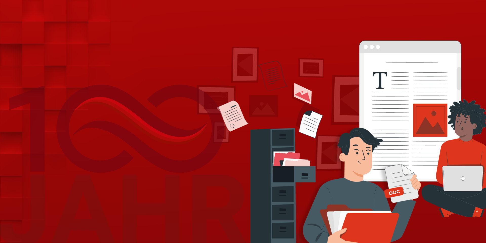 Zwei Personen mit Papieren und Dokumenten, dahinter ein Aktenschrank