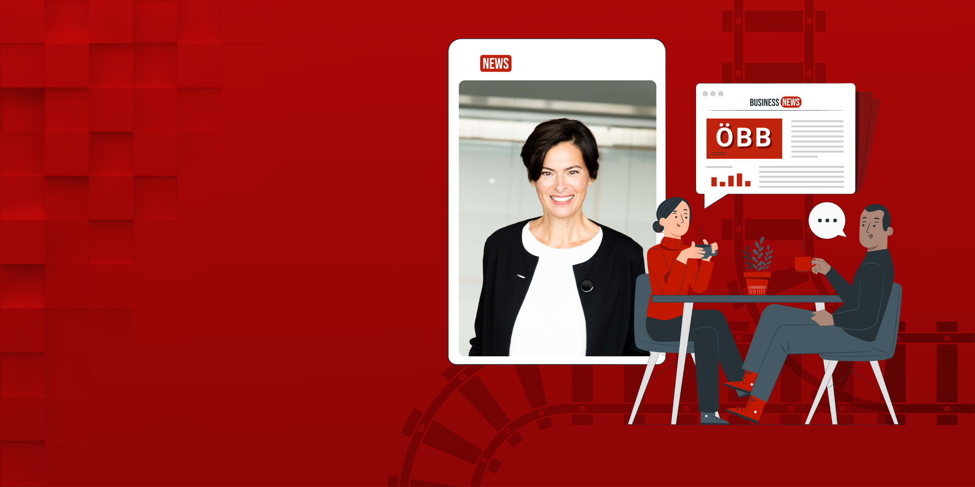 Interviewsituation mit einer Frau und einem Mann, die an einem Tisch sitzen. Im Hintergrund ein Bild der Interviewpartnerin der ÖBB, Silvia Angelo.