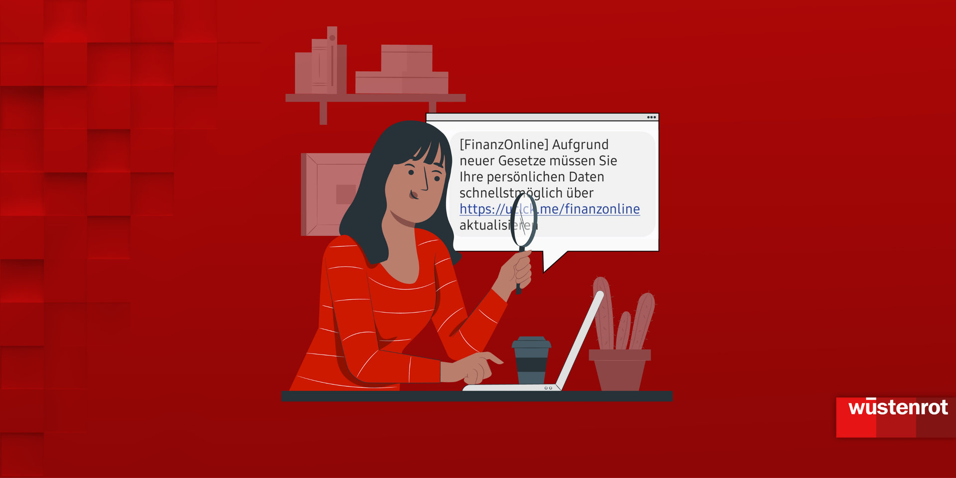 Frau mit Lupe sitzt vor dem Laptop und versucht, Internetbetrug zu erkennen