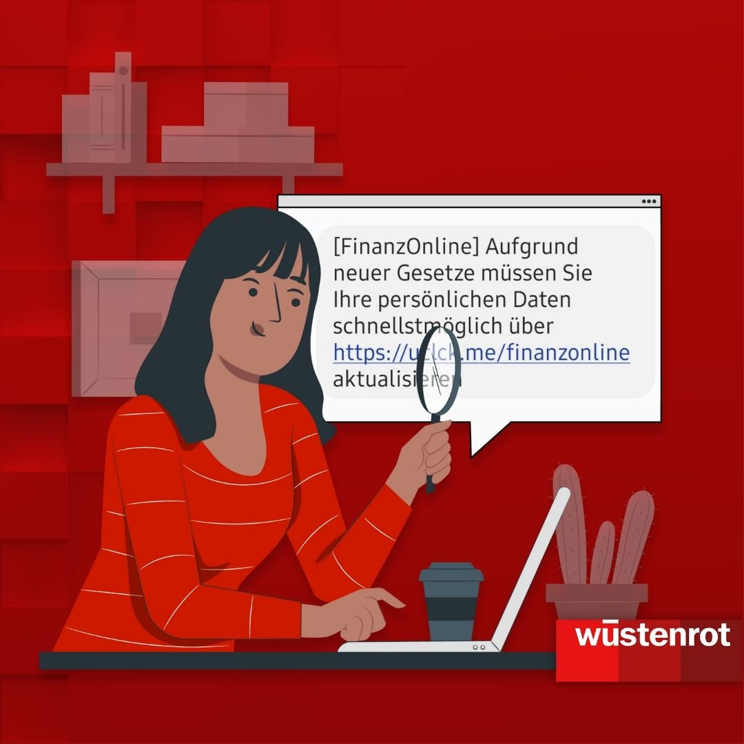 Grafik zum Thema Daten-Phishing mit einer Frau, die eine Lupe in der Hand hält und eine gefälschte Nachricht untersucht