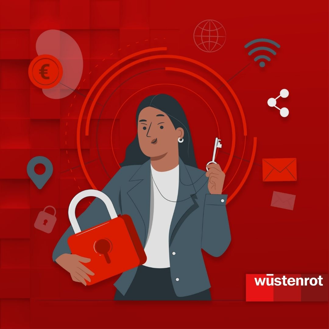 #10TageGegenPhishing – Internetbetrug gemeinsam eindämmen Grafik zum Thema Daten-Phishing mit einer Frau, die ein großes Schloss und einen Schlüssel in der Hand hält