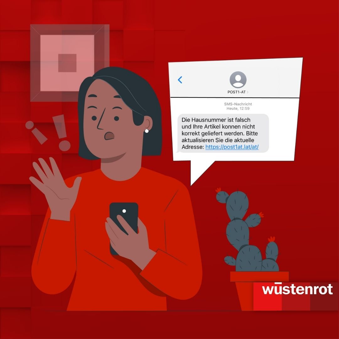 Grafik zum Thema Daten-Phishing: Frau schaut besorgt auf ihr Handy, das eine gefälschte Nachricht eines Versanddienstleisters anzeigt