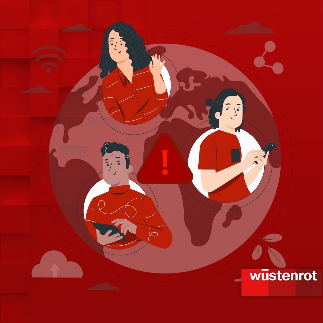 Grafik zum Thema Daten-Phishing: Drei Personen vor einer Weltkugel, die sich Informationen am Handy und am Tablet einholen