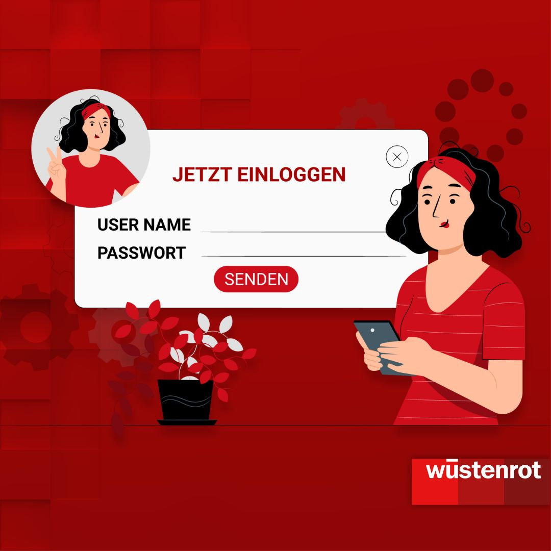 Grafik zum Thema Daten-Phishing: Frau mit einem Smartphone bekommt ein Login-Feld angezeigt 