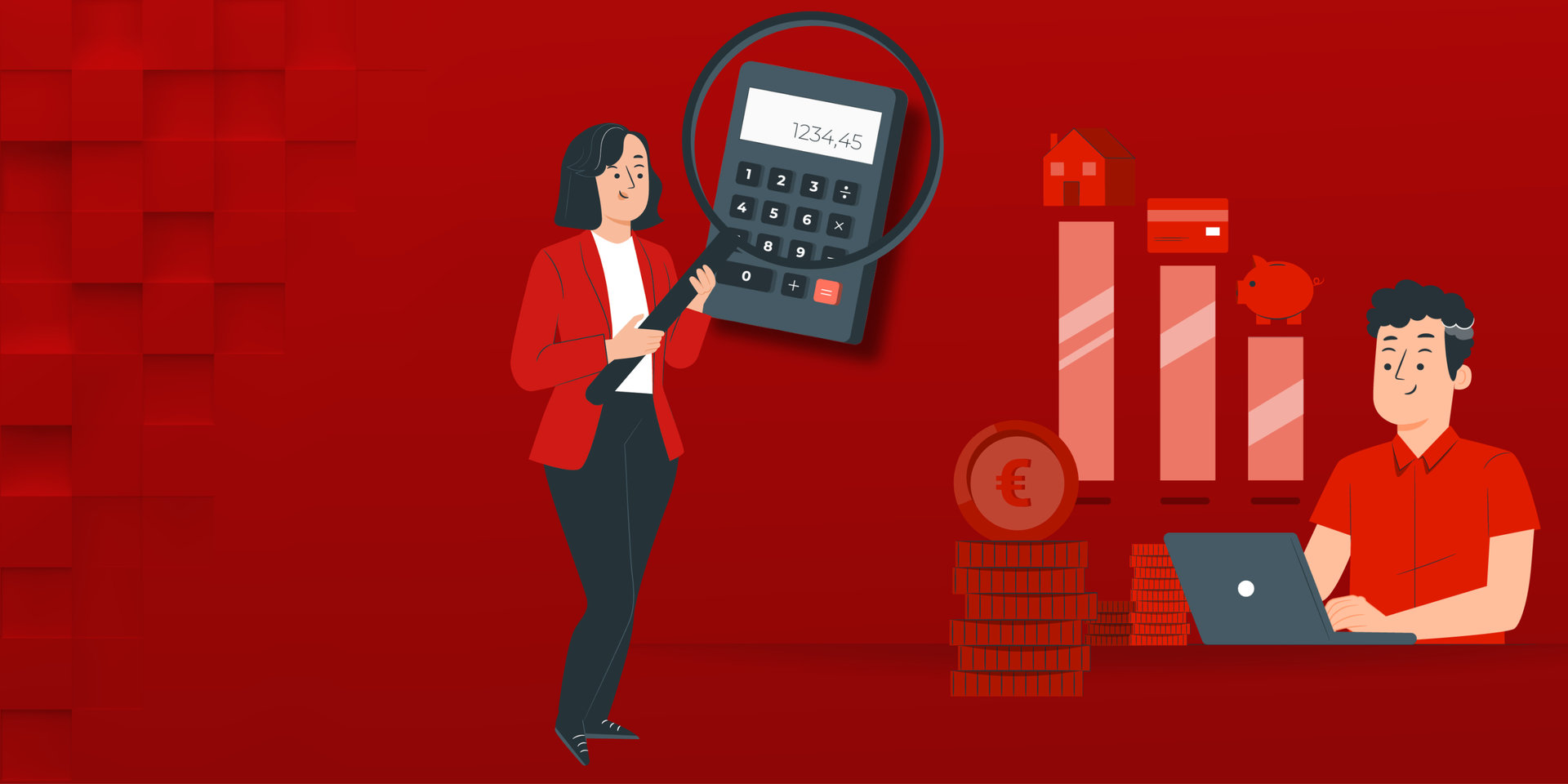 Eine Person arbeitet am Laptop, umgeben von Symbolen wie Münzstapeln, Euro‑Zeichen, Karte, Sparschwein und einem ansteigenden Balkendiagramm. Ein Taschenrechner unter der Lupe steht für Planung, Kontrolle und Überblick über die eigenen Finanzen.