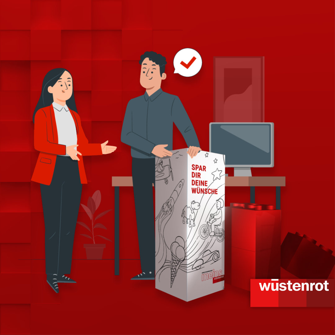 100 Jahre Weltspartag Grafik mit zwei Personen bei einem Wüstenrot Beratungsgespräch