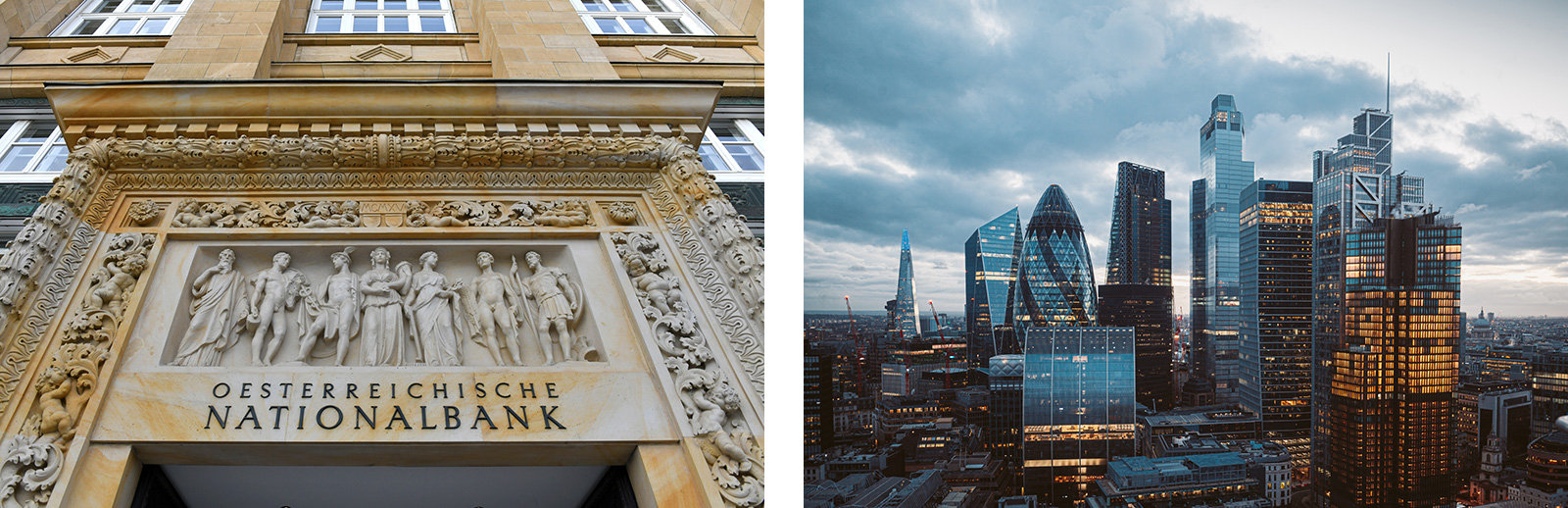 Eingang der Österreichischen Nationalbank und das Finanzzentrum in der Londoner City