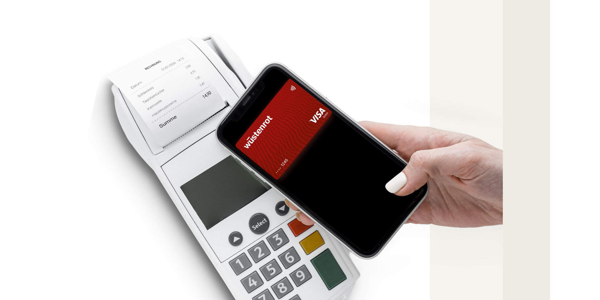 Smartphone mit digitaler Wüstenrot Visa-Karte wird kontaktlos an ein Kartenlesegerät gehalten