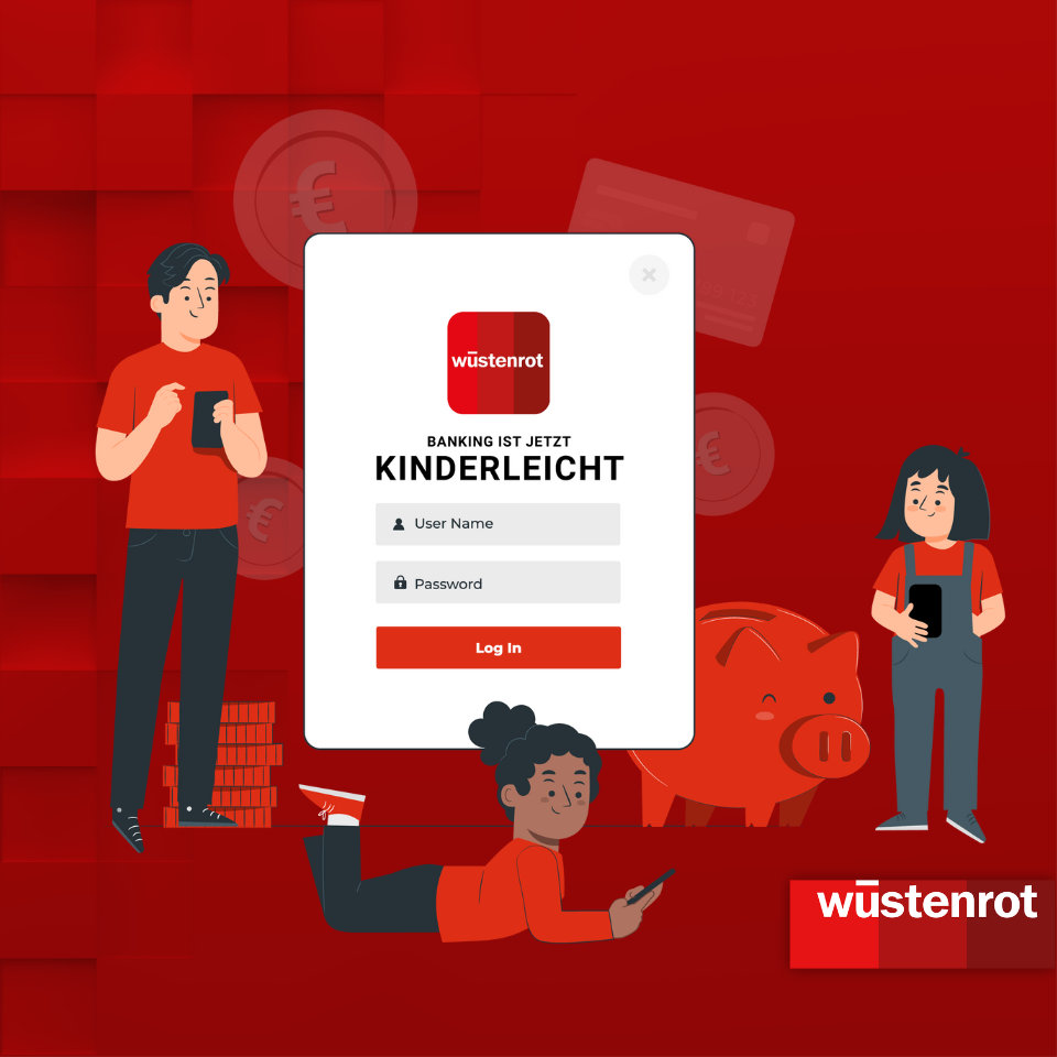 Grafik mit zwei Kindern und einem Vater, die sich die Wüstenrot App mit dem START Kidskonto ansehen