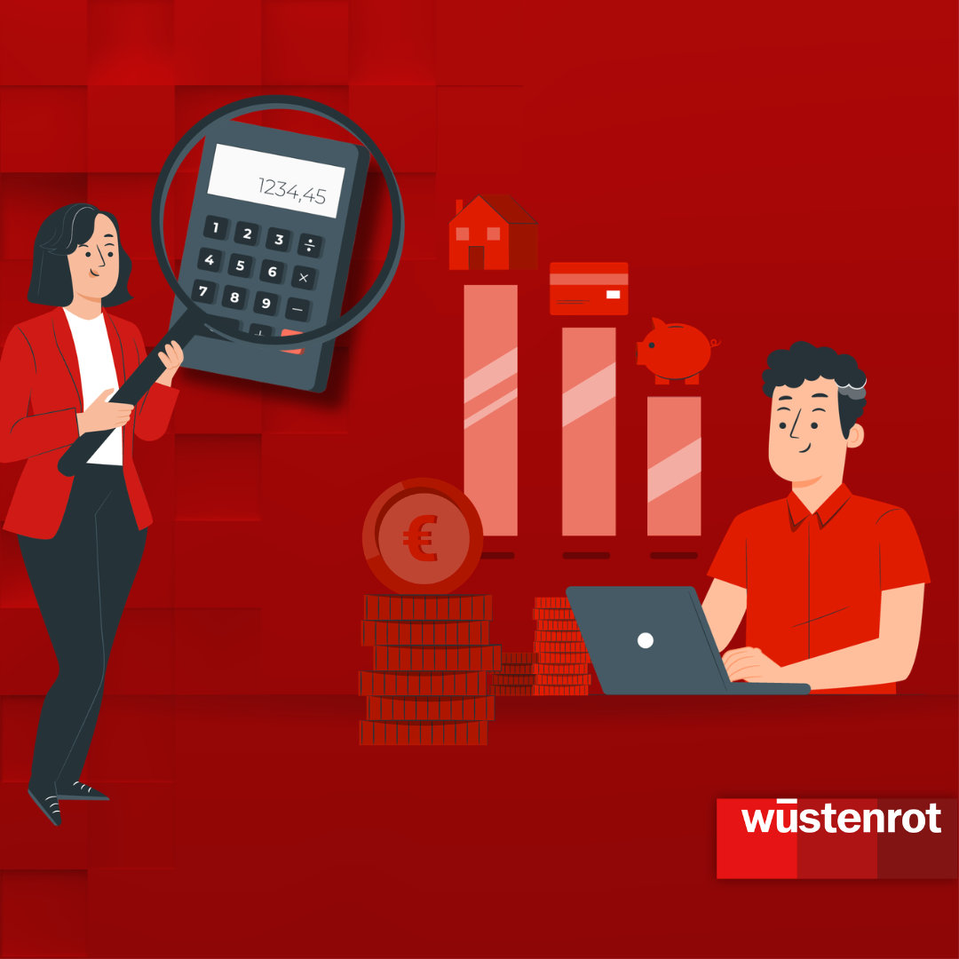Eine Person arbeitet am Laptop, umgeben von Symbolen wie Münzstapeln, Euro‑Zeichen, Karte, Sparschwein und einem ansteigenden Balkendiagramm. Ein Taschenrechner unter der Lupe steht für Planung, Kontrolle und Überblick über die eigenen Finanzen.