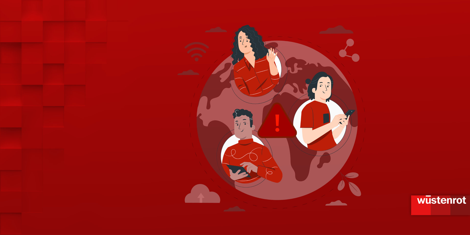 Neues beim Banking: Echtzeitüberweisungen und Empfängerüberprüfung Drei Personen mit elektronischen Devices vor einer Weltkugel und einem Rufzeichen in der Mitte